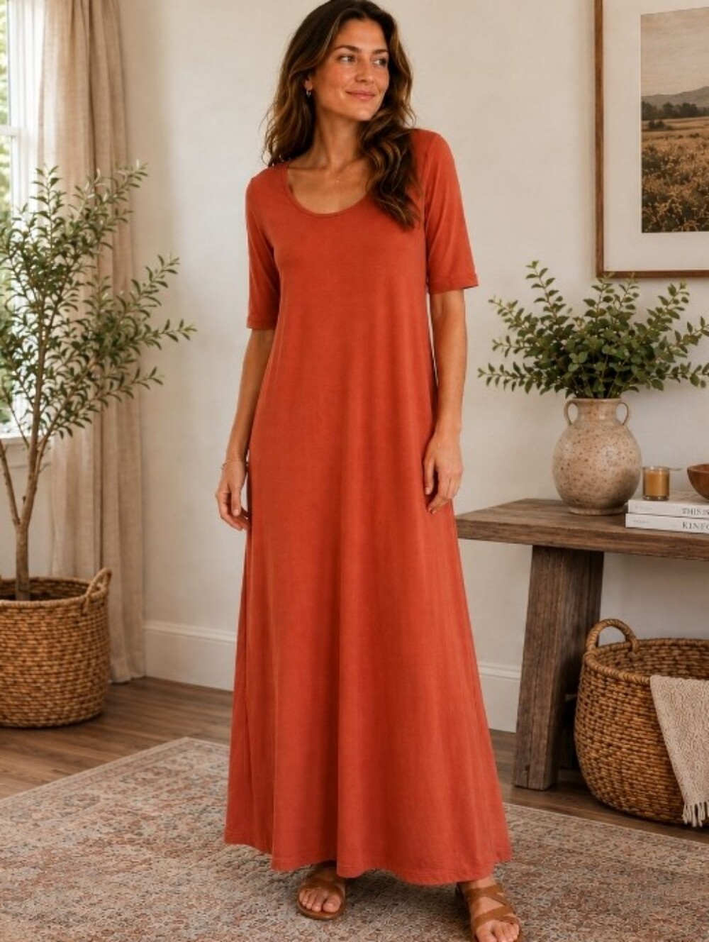 bryn Walker Scoop Neck Short Sleeve Maxi Dress in Terracotta size Small